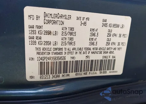 2005 Dodge Grand Caravan Se z USA, uszkodzony, nr VIN 1D4GP24R35B350526